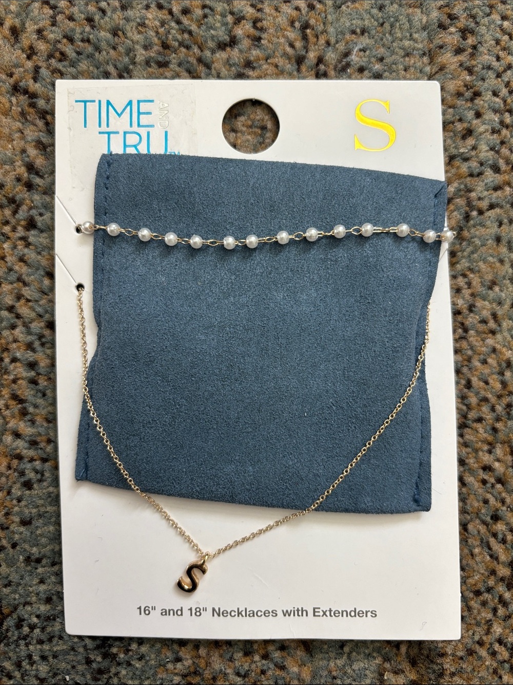 NWT | Time and Tru Gold 'S' Pendant with White Pearl Bead Layered Necklace Set